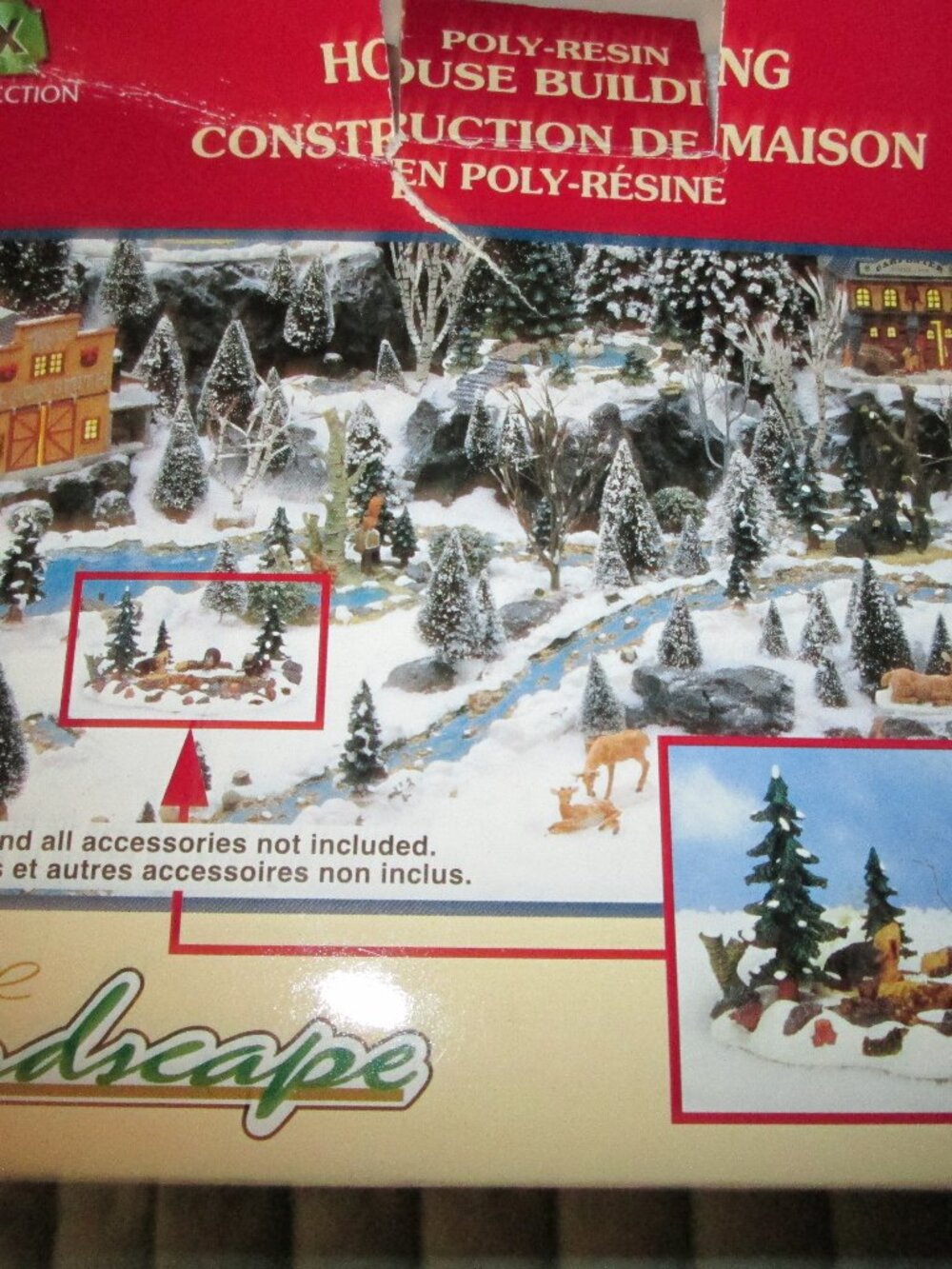 lEMAX VTG VILLAGE LANDSCAPE POND WITH SNOW AND PINES AND WILDLIFE